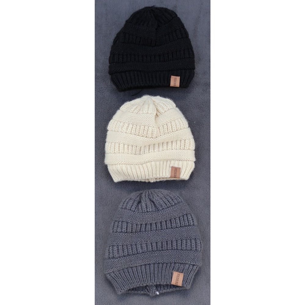 Redess Toddler Girls Beanie One Size Grey,Black & Beige Knit Winter Hat Thick X3